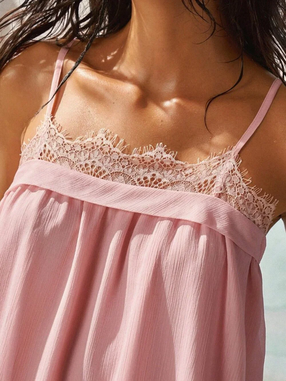 Pink Boho Women's Elegant Slip Dress With Contrast Lace